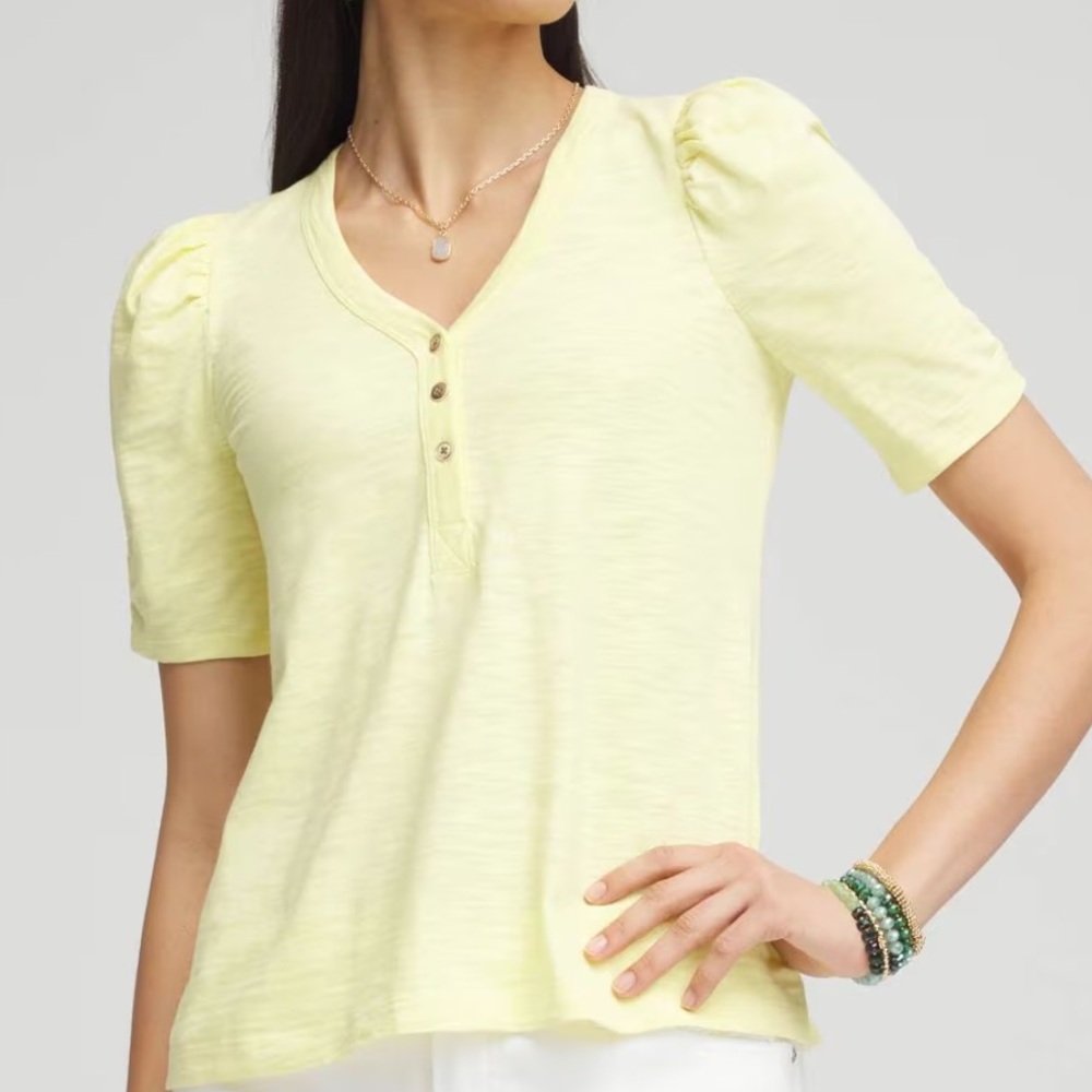 Yellow Slub Split Neck Henley Tee
